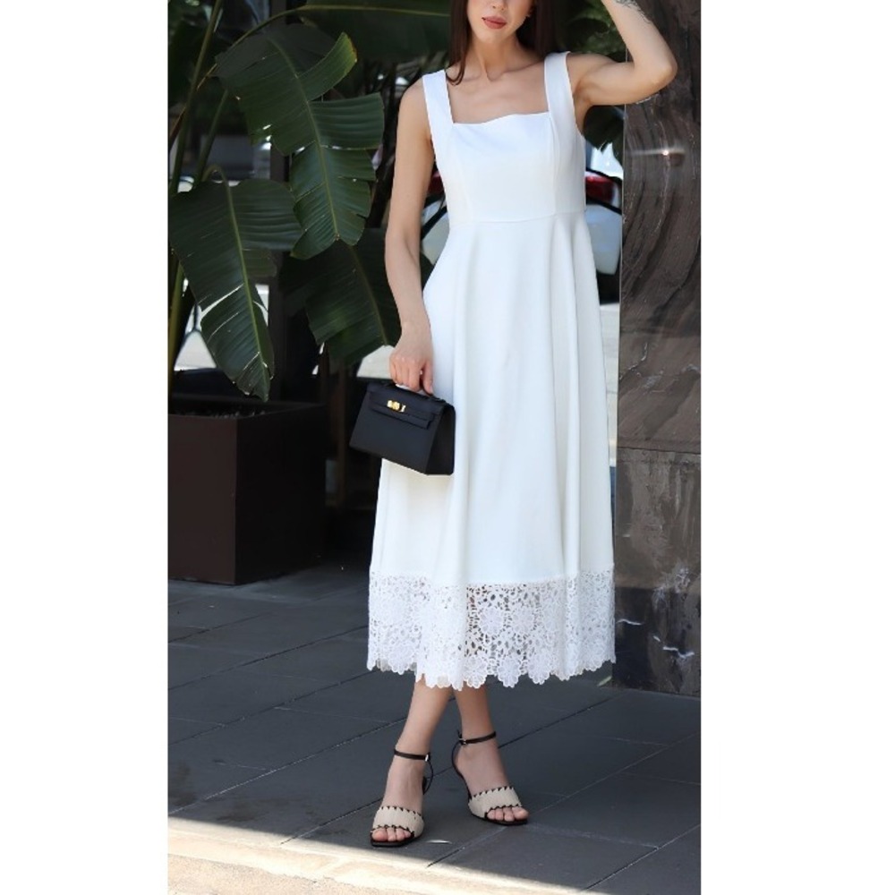 Fehaute Women's White Lace Classic Square Neck A-Line Maxi Dress Size‎ XXL NWT